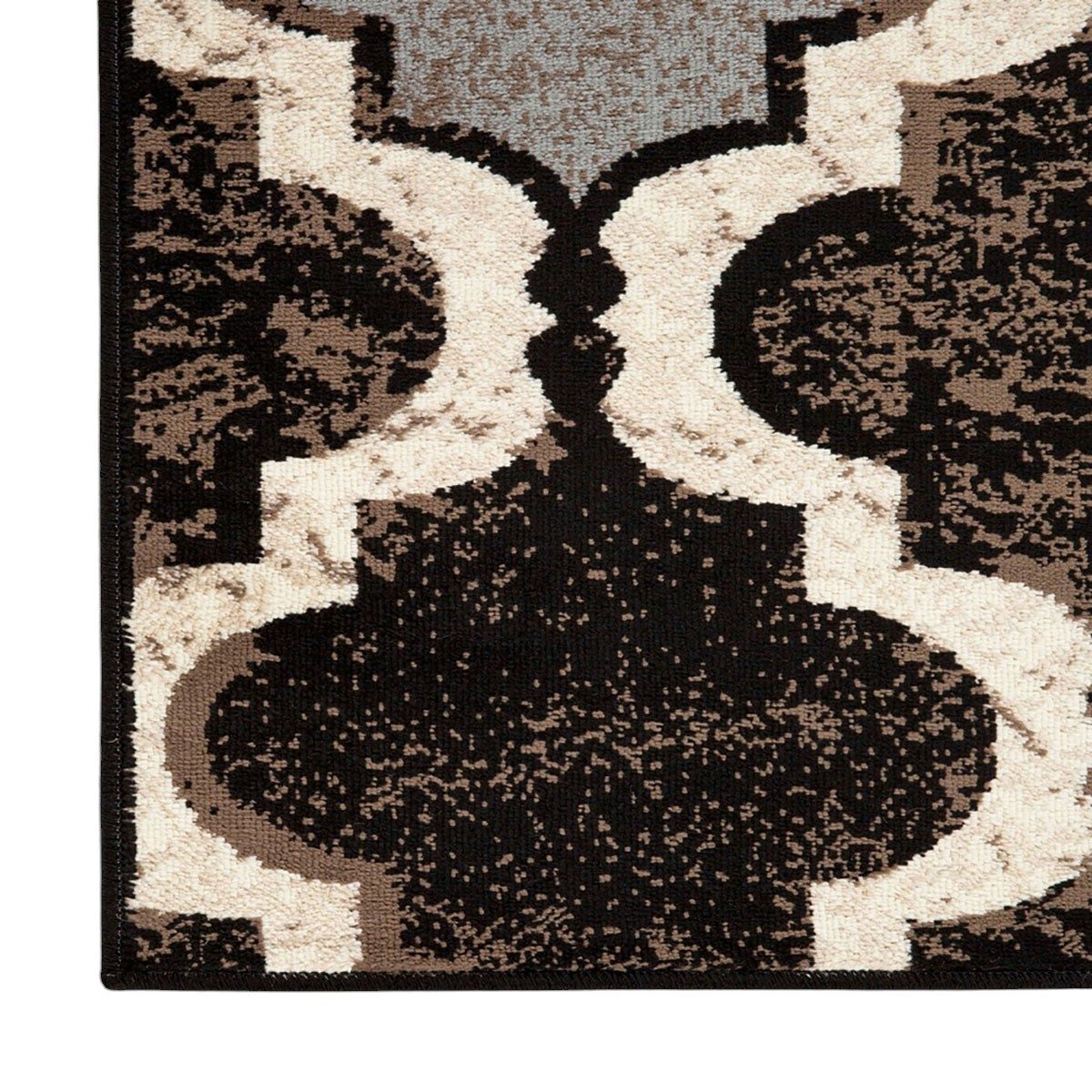 8′ Brown Black and Ivory Quatrefoil Distressed Runner Rug