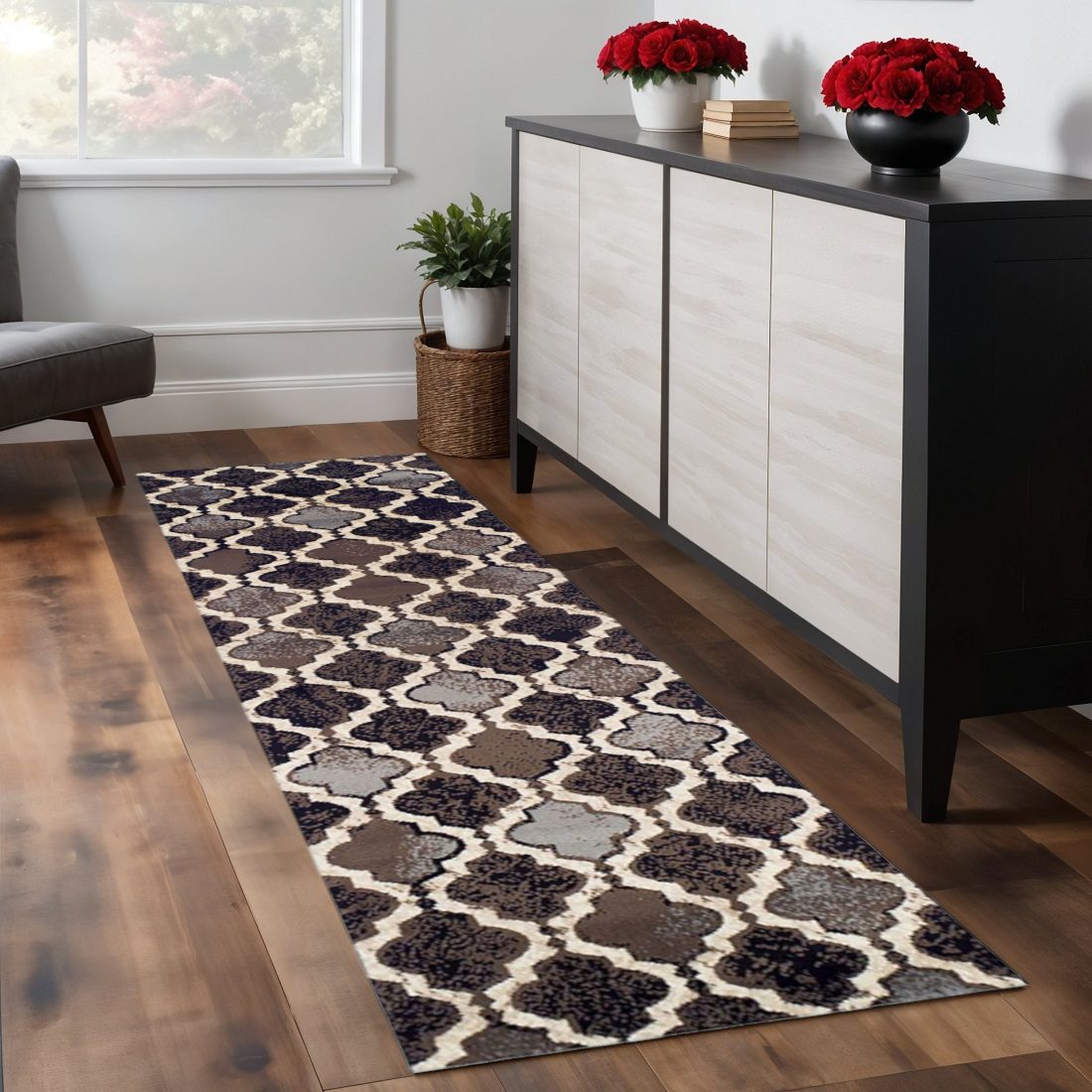 8′ Brown Black and Ivory Quatrefoil Distressed Runner Rug