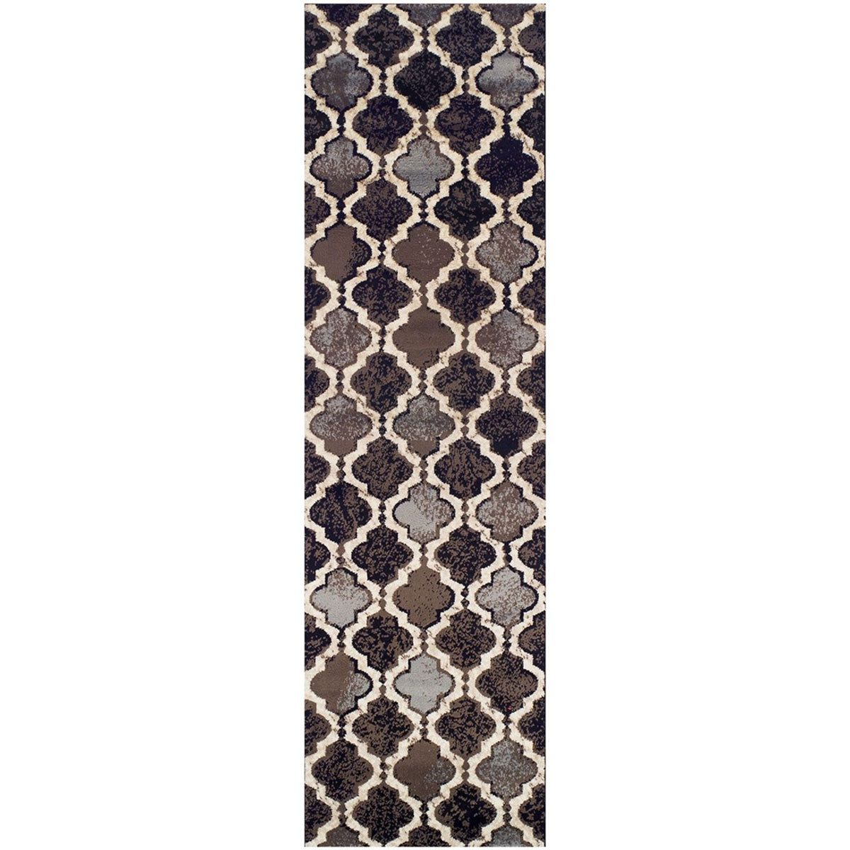 11′ Brown Black and Ivory Quatrefoil Distressed Runner Rug