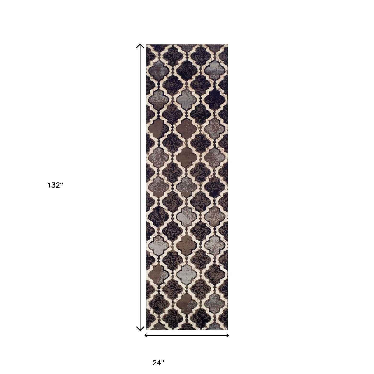 11′ Brown Black and Ivory Quatrefoil Distressed Runner Rug