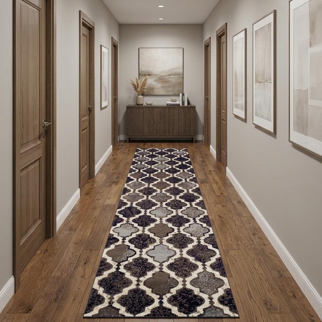 11′ Brown Black and Ivory Quatrefoil Distressed Runner Rug