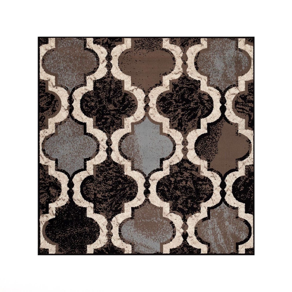 5′ Brown Black and Ivory Quatrefoil Distressed Square Rug