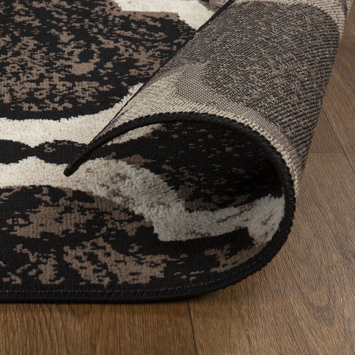 5′ Brown Black and Ivory Quatrefoil Distressed Square Rug