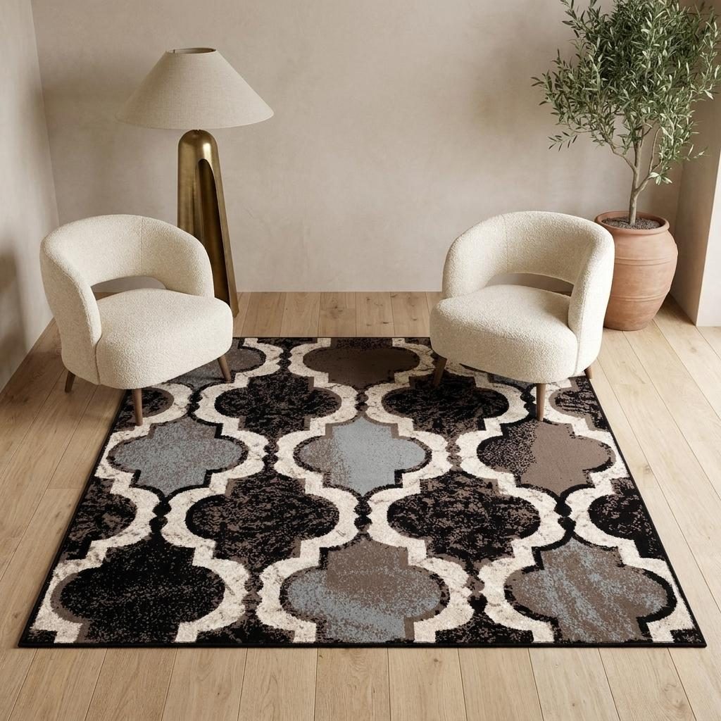 5′ Brown Black and Ivory Quatrefoil Distressed Square Rug