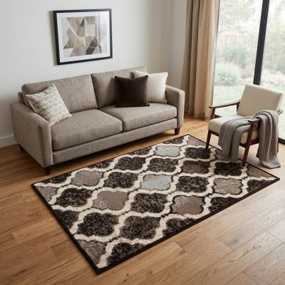 5′ × 8′ Brown Black Ivory Quatrefoil Distressed Area Rug
