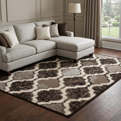 6′ X 9′ Brown Black Ivory Distressed Quatrefoil Area Rug