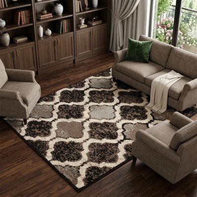 7′ X 9′ Brown Black Ivory Quatrefoil Distressed Area Rug