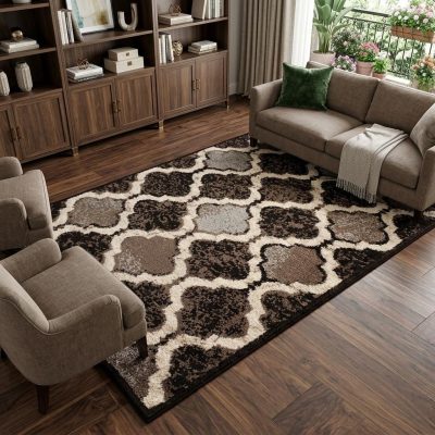 8′ X 10′ Brown Black Ivory Distressed Quatrefoil Area Rug