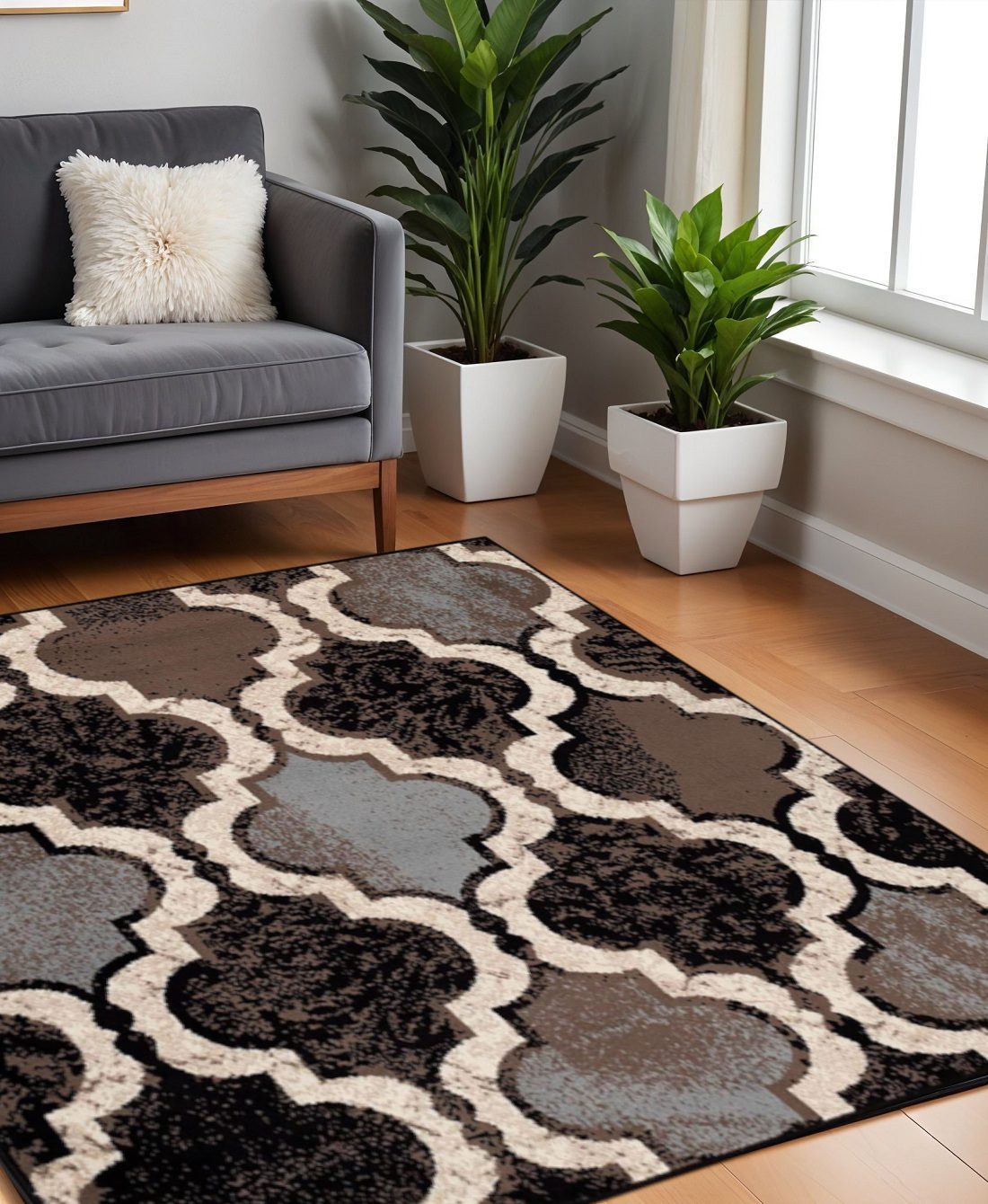 8′ Brown Black and Ivory Quatrefoil Distressed Square Rug