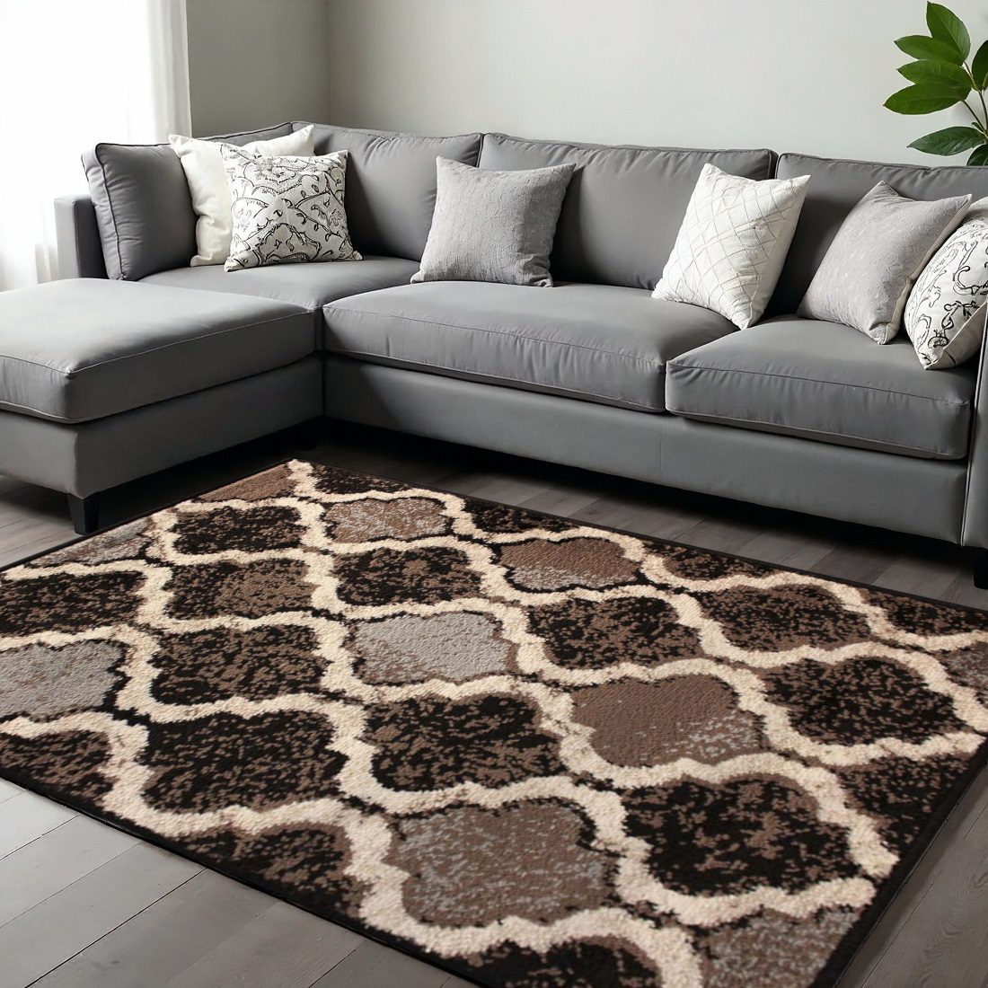 9′ X 12′ Brown Black Ivory Quatrefoil Distressed Area Rug