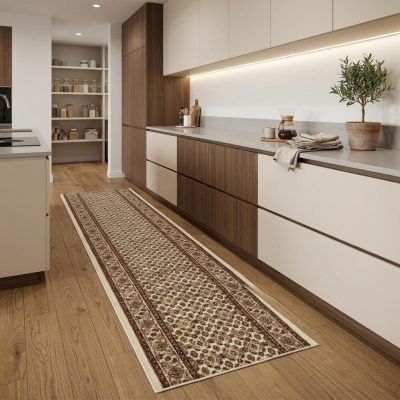 8′ Beige and Ivory Oriental Runner Rug