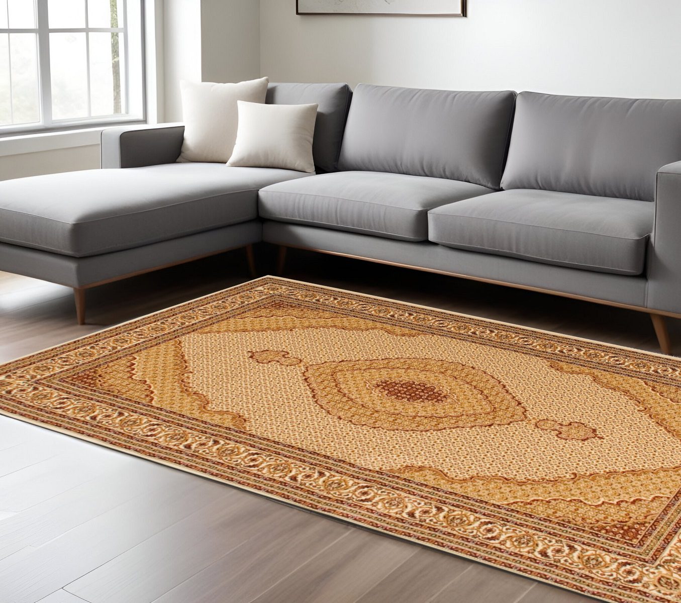 7′ X 10′ Beige And Ivory Oriental Area Rug