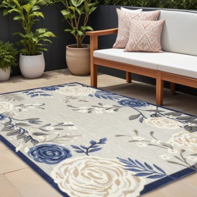 9′ × 12′ Blue And Grey Floral Area Rug