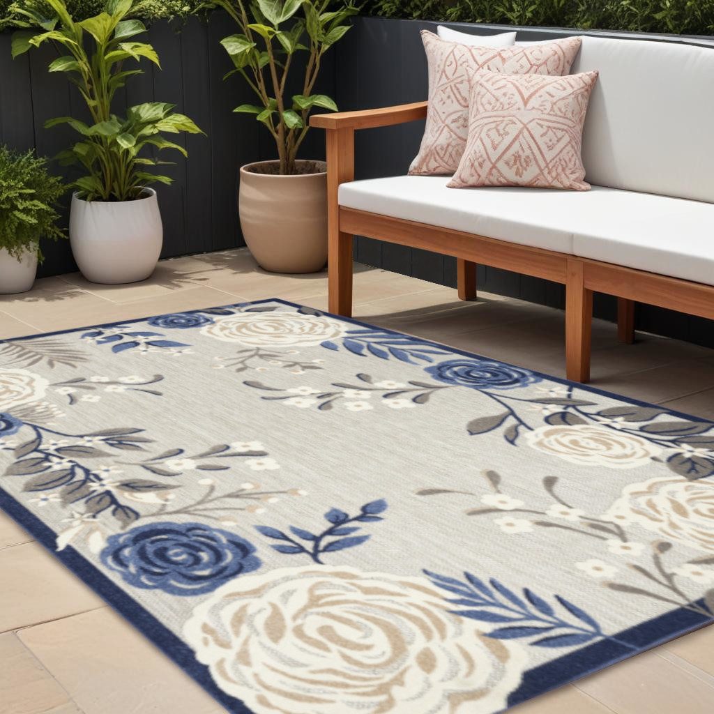 9′ X 12′ Blue And Grey Floral Area Rug