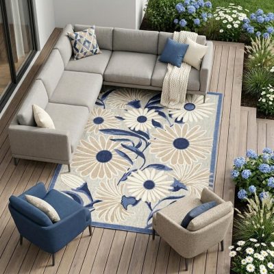 9′ X 12′ Blue and Gray Floral Area Rug