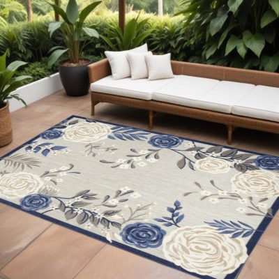 6′ X 9′ Blue And Grey Floral Area Rug