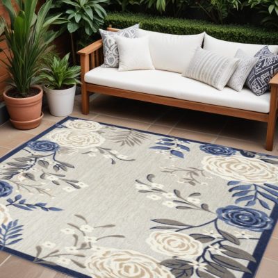 7′ X 10′ Blue And Grey Floral Area Rug
