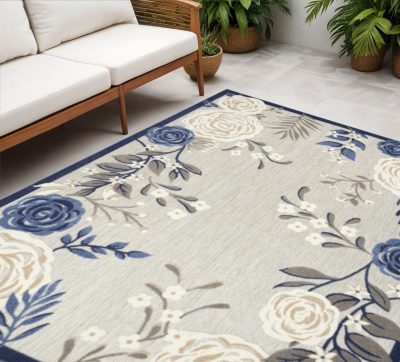 5′ X 8′ Blue And Grey Floral Area Rug