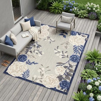 8′ × 11′ Blue and Gray Floral Area Rug