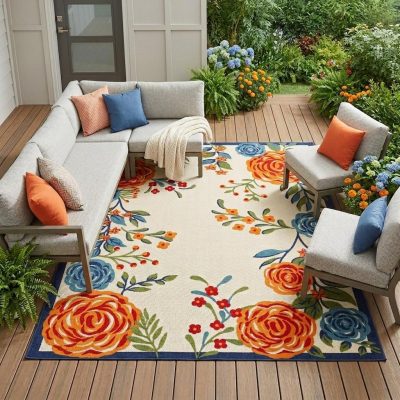 8′ X 11′ Ivory Blue Orange Floral Area Rug II