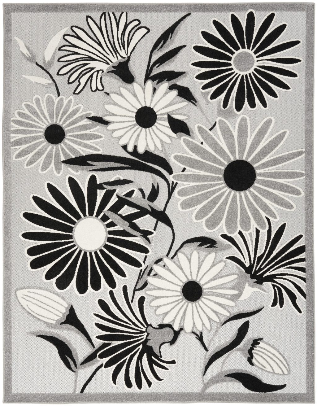 8′ X 11′ Black and White Floral Area Rug