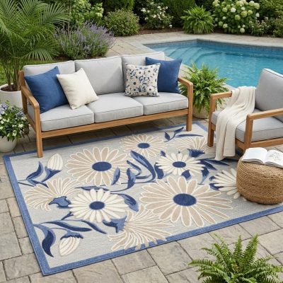 5′ X 8′ Blue and Gray Floral Area Rug