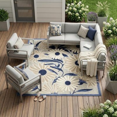 8′ X 11′ Blue and Gray Floral Area Rug II