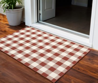2′ × 3′ Red and Ivory Geometric Plaid Area Rug