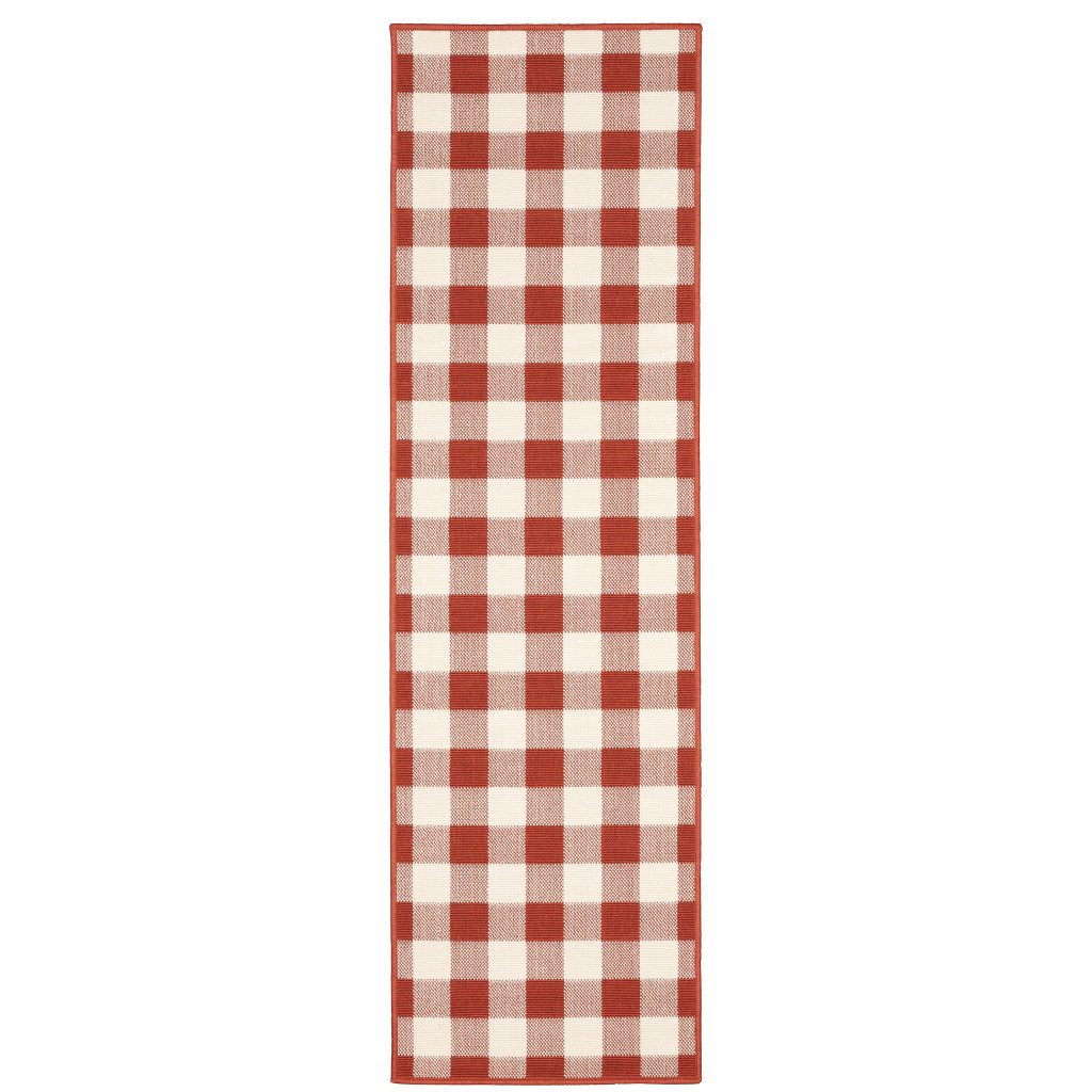 2′ X 8′ Red and Ivory Geometric Indoor Outdoor Runner