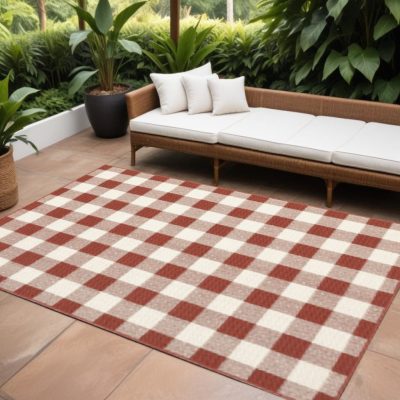 7′ X 10′ Red and Ivory Geometric Area Rug