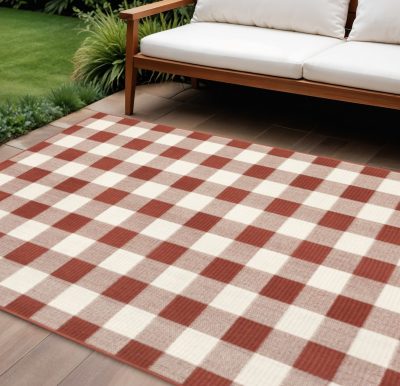 9′ × 13′ Red and Ivory Geometric Indoor-Outdoor Area Rug