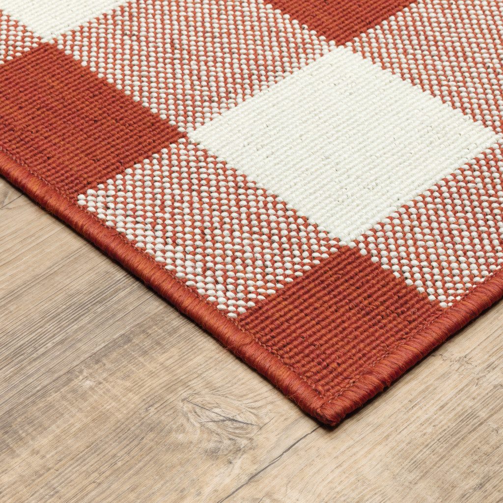 9′ X 13′ Red and Ivory Geometric Indoor-Outdoor Area Rug
