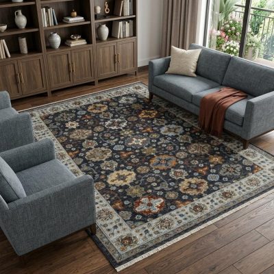 7′ X 10′ Blue and Beige Oriental Fringe Area Rug