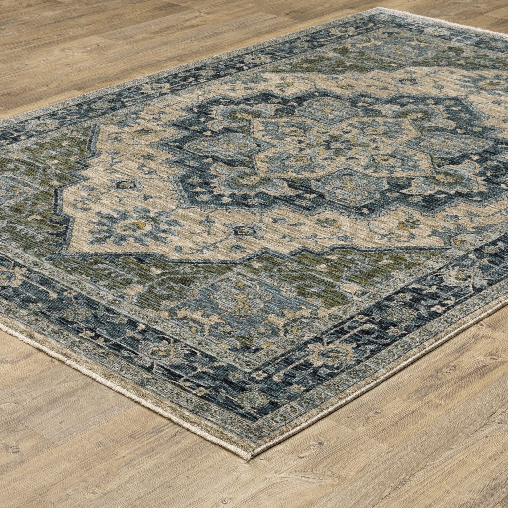 3′ X 5′ Blue Oriental Area Rug With Fringe