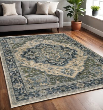 5′ × 8′ Blue Oriental Area Rug With Fringe