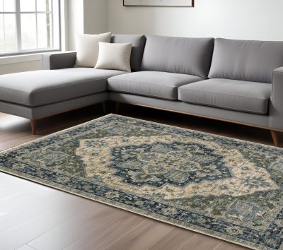 7′ × 10′ Blue Beige Oriental Fringe Area Rug II