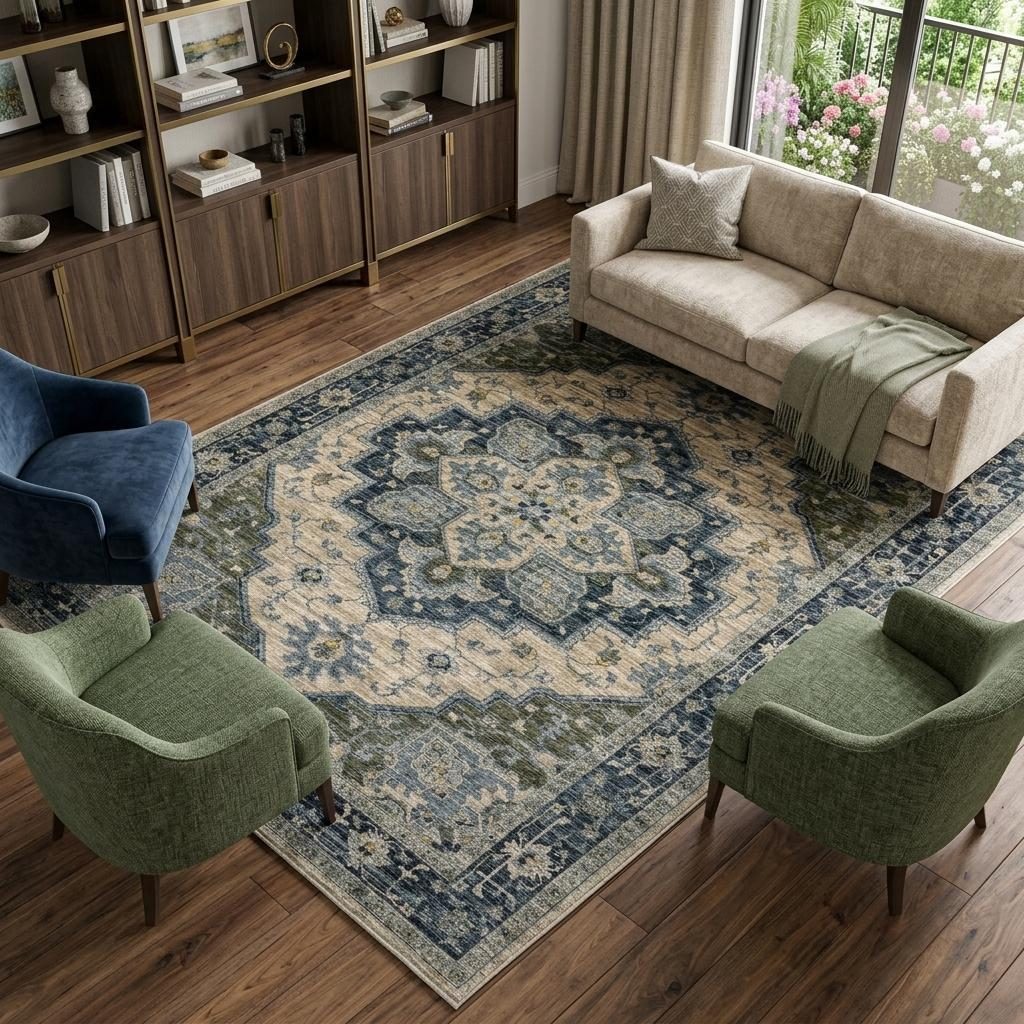 8′ X 11′ Blue And Beige Oriental Fringe Area Rug