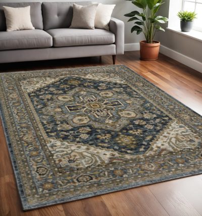 5′ X 8′ Blue And Green Oriental Fringe Area Rug
