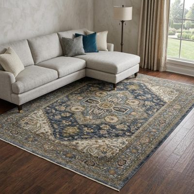 7′ X 10′ Blue And Midnight Oriental Fringe Area Rug