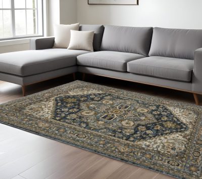 10′ X 13′ Blue Oriental Area Rug With Fringe