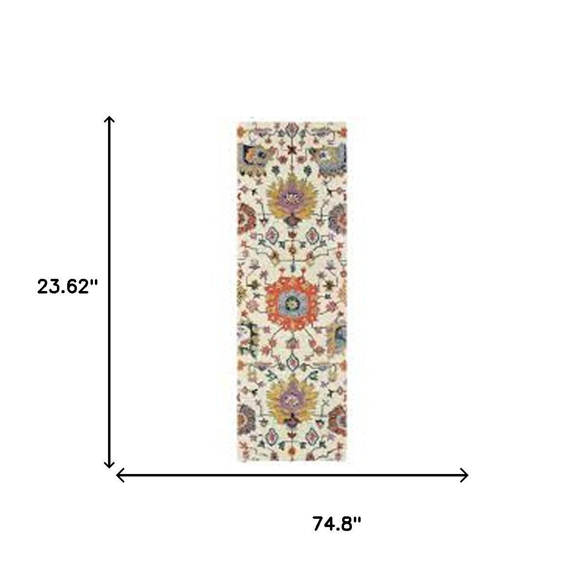2′ X 6′ Ivory Oriental Runner Rug With Fringe