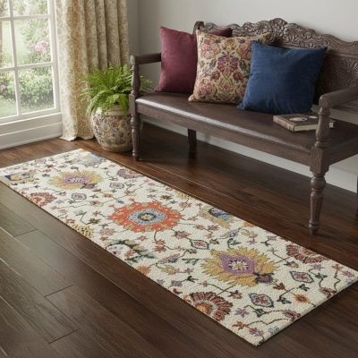 2′ X 6′ Ivory Oriental Runner Rug With Fringe