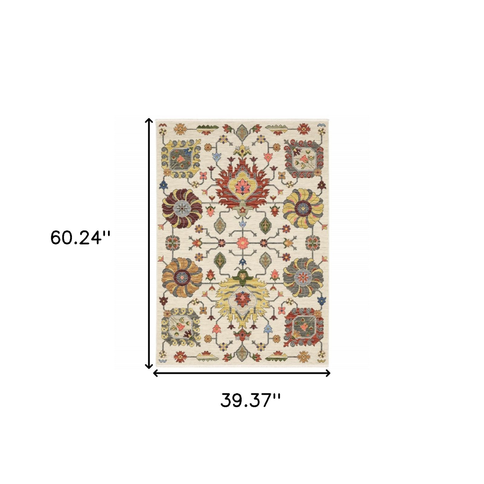 3′ X 5′ Ivory Oriental Area Rug With Fringe