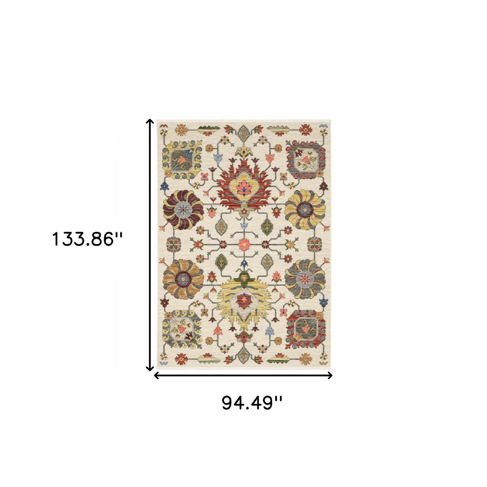 8′ X 11′ Ivory Oriental Area Rug With Fringe