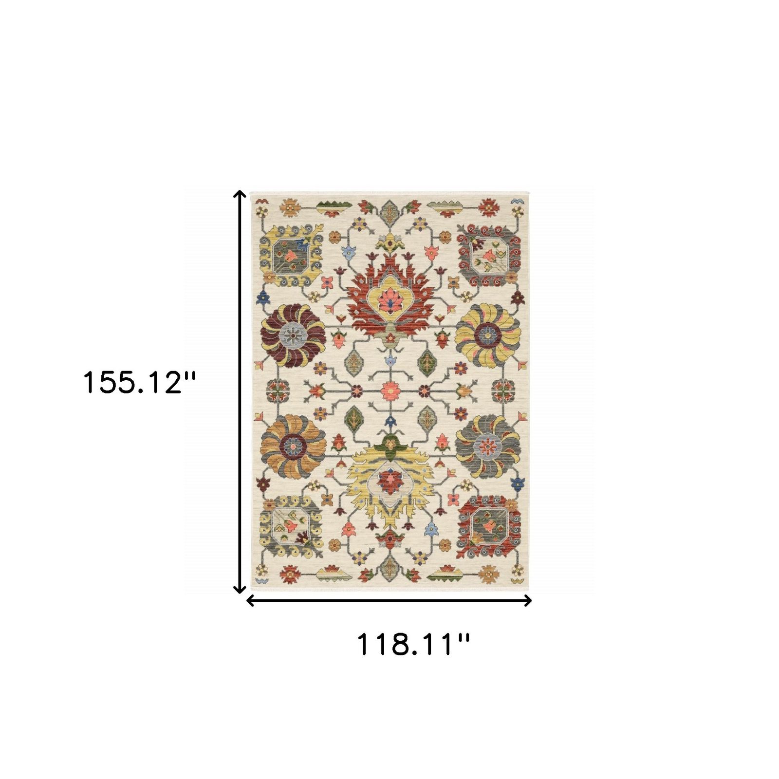 10′ X 13′ Ivory Oriental Area Rug With Fringe