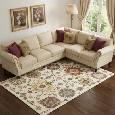 10′ X 13′ Ivory Oriental Area Rug With Fringe