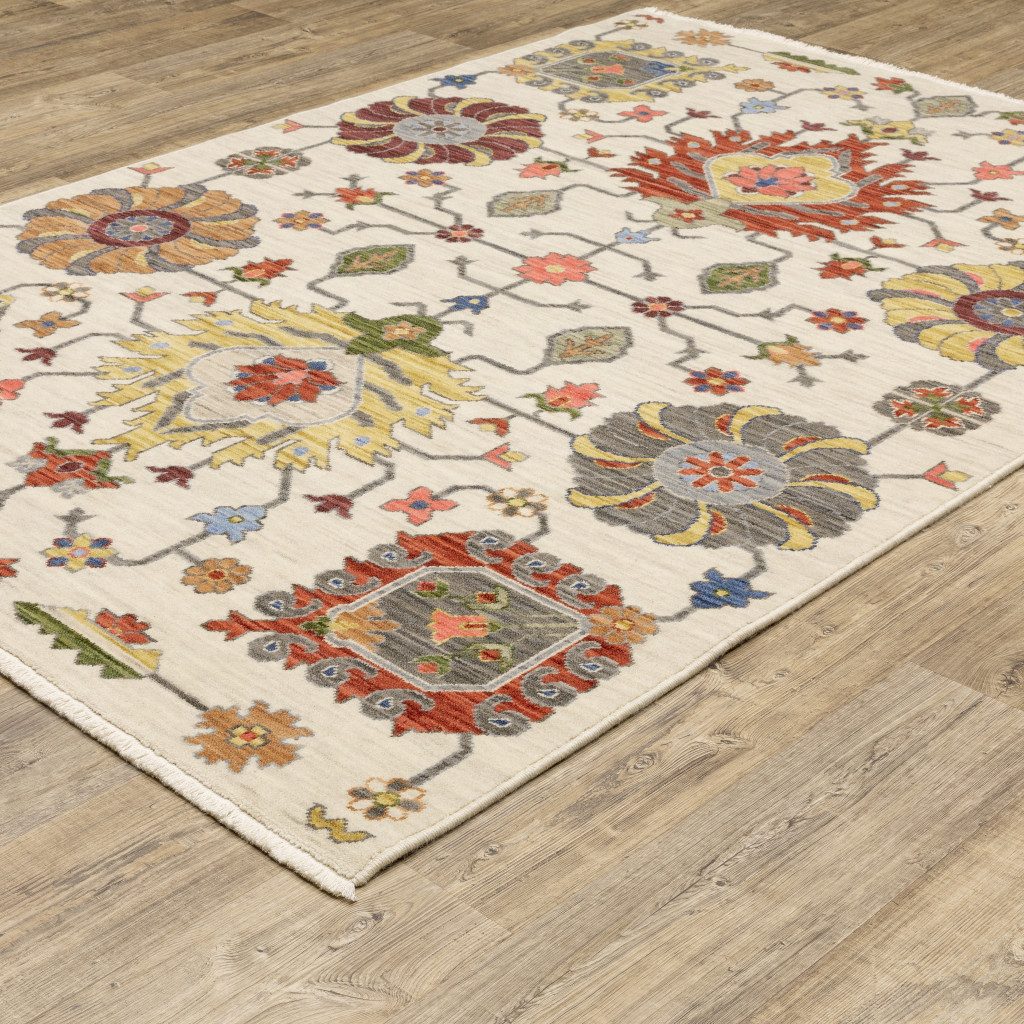 10′ X 13′ Ivory Oriental Area Rug With Fringe
