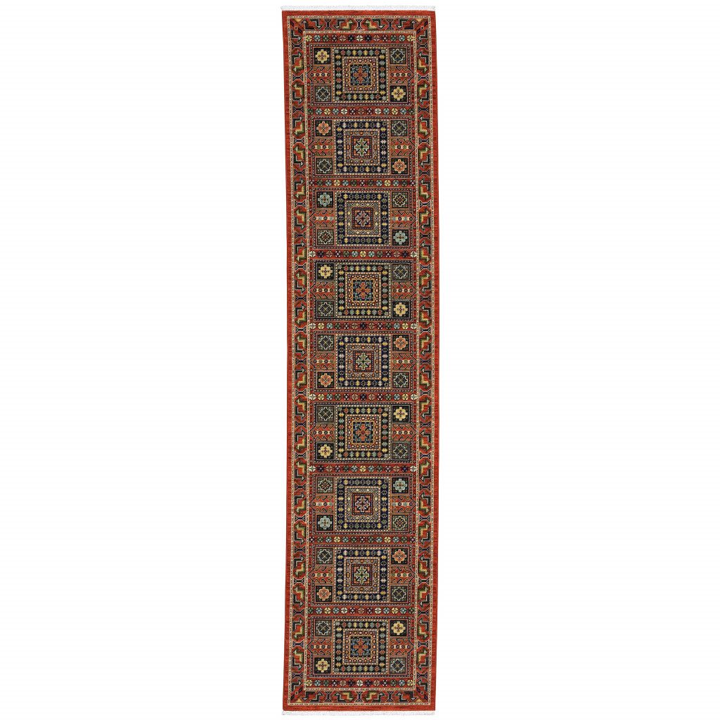 12′ Blue And Red Wool Oriental Runner Rug With Fringe