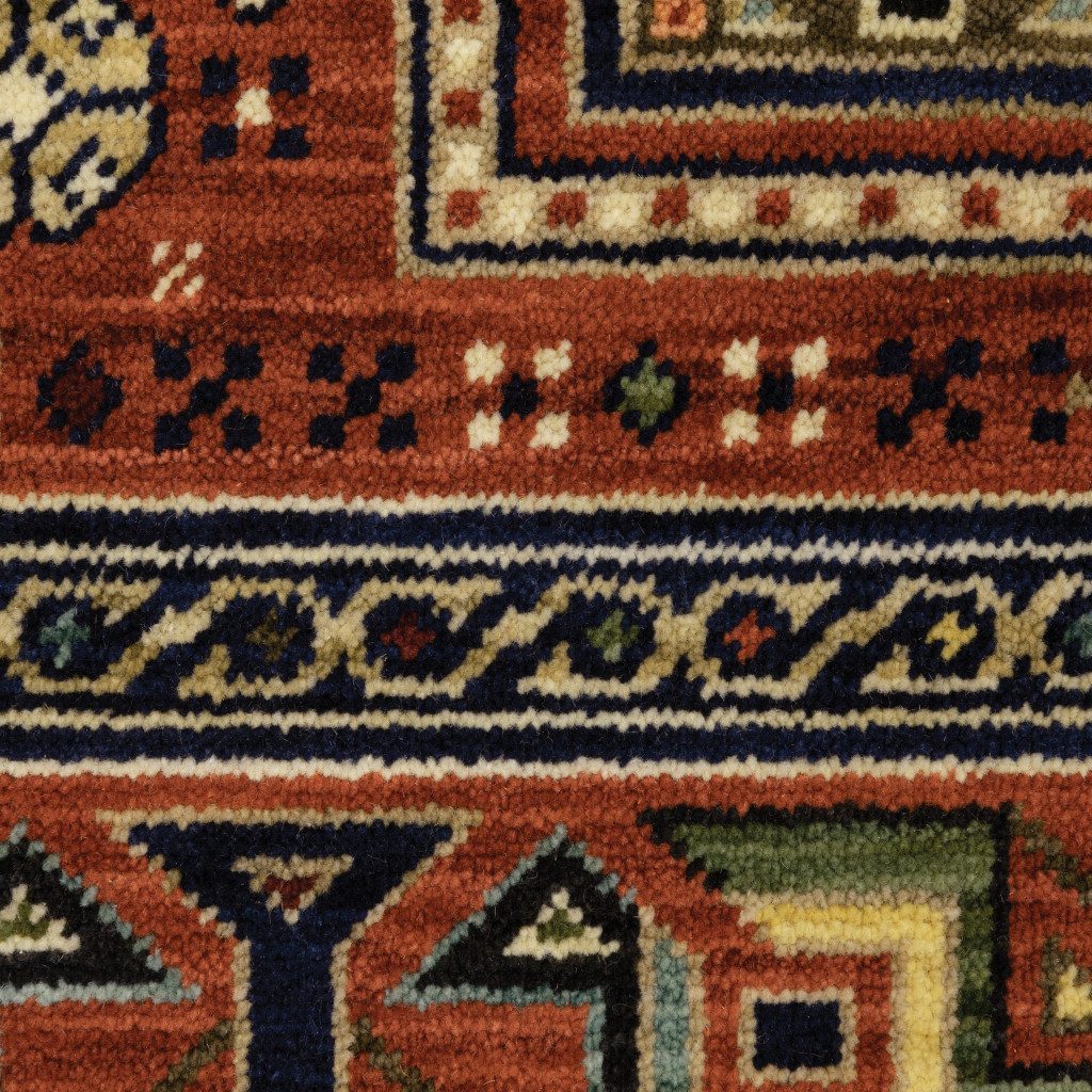 12′ Blue And Red Wool Oriental Runner Rug With Fringe