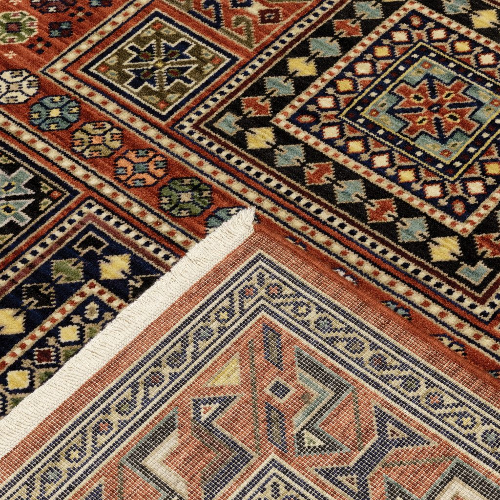 12′ Blue And Red Wool Oriental Runner Rug With Fringe